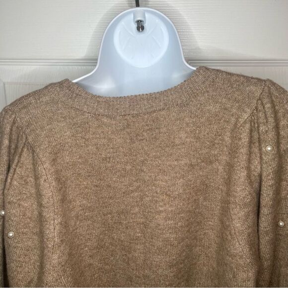 CeCe Tan Crew Neck Pearl Knit Embellished Sweater Long Balloon Sleeves S - Picture 7 of 9